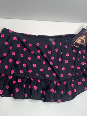 NWT WOMEN OWNED BLACK & PINK POLKA DOT RUFFLED SWIM SKIRT SIZE L